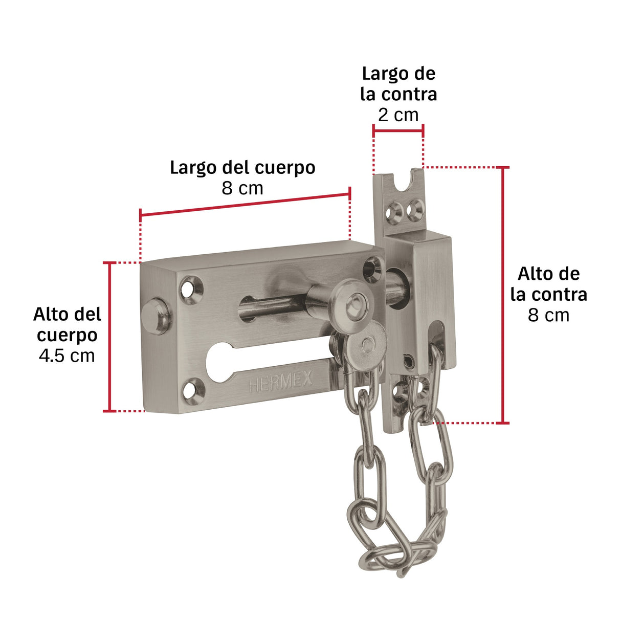 Pasador con cadena para puerta, acabado níquel satín, Hermex