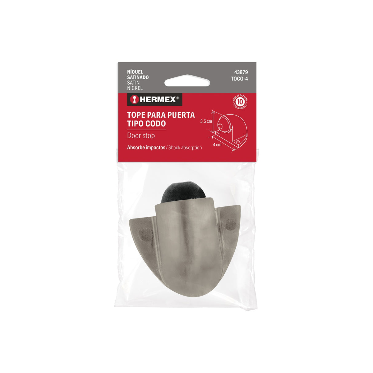 Tope tipo codo para puerta, níquel satín, Hermex