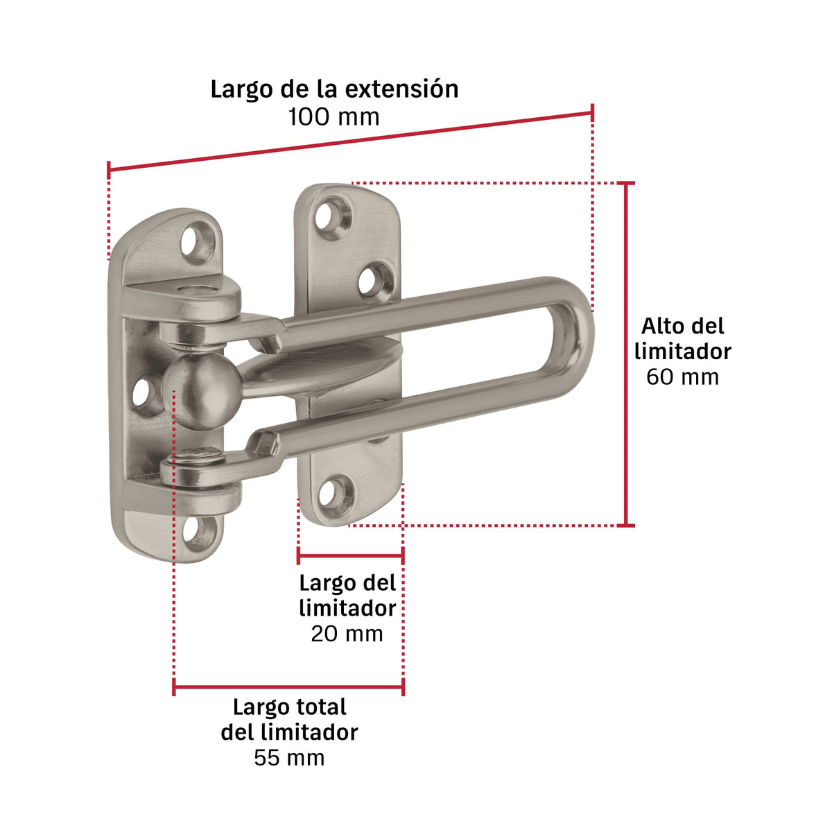 Pasador abatible para puerta, acabado níquel satín, Hermex