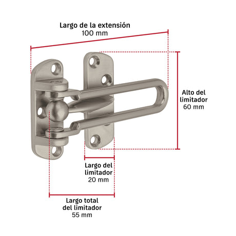 Pasador abatible para puerta, acabado níquel satín, Hermex