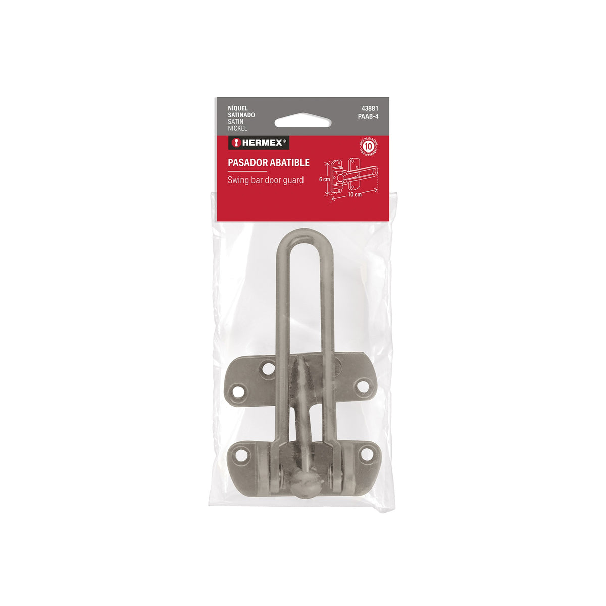 Pasador abatible para puerta, acabado níquel satín, Hermex
