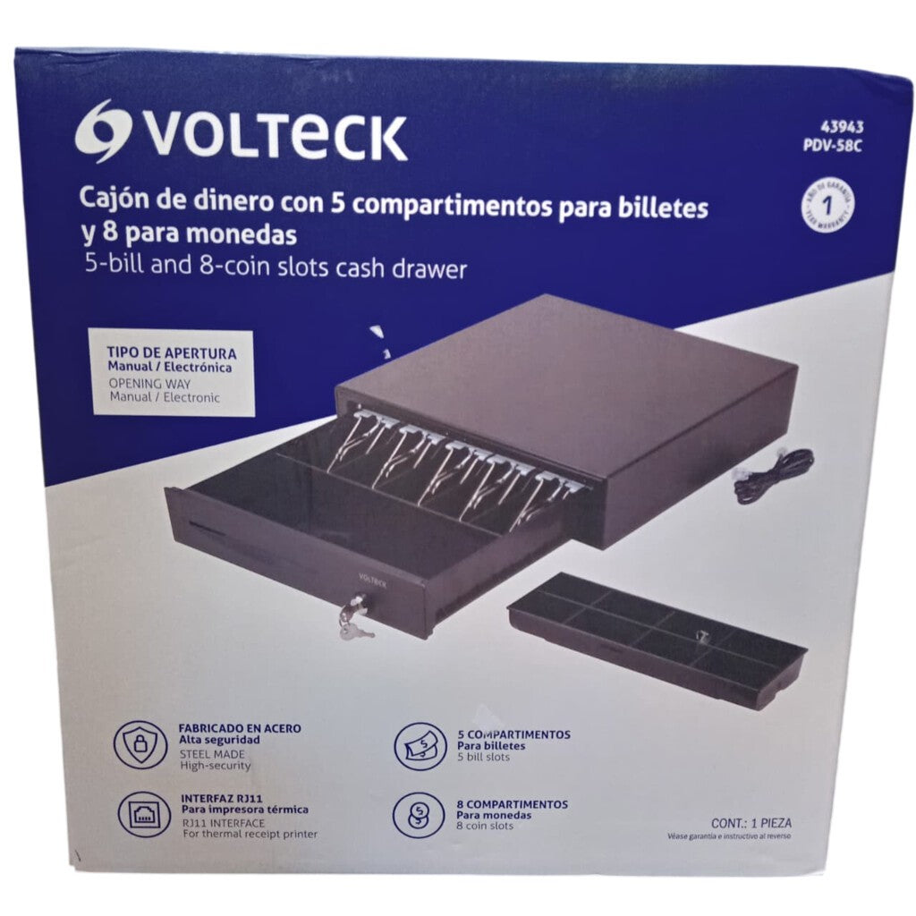 Cajón de Dinero para 5 Billetes y 8 Monedas, Volteck