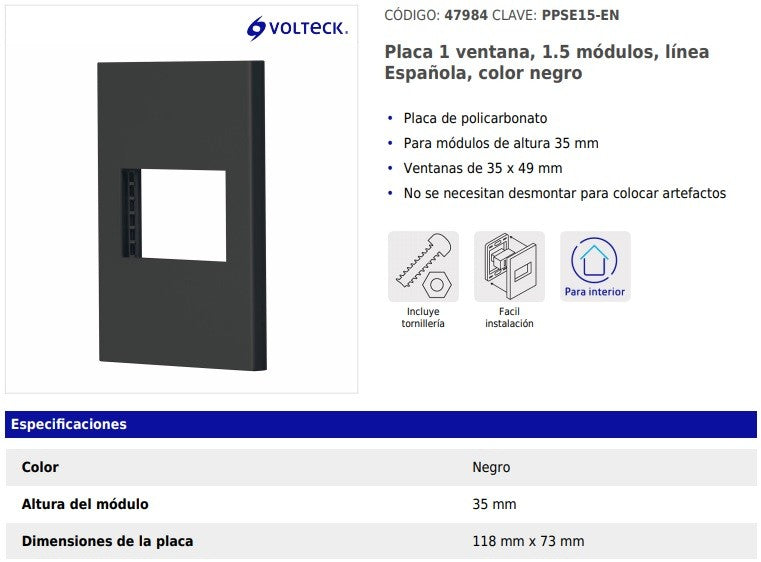 Placa 1 Ventana, 1.5 Modulos, Linea Espanola, Color Negro
