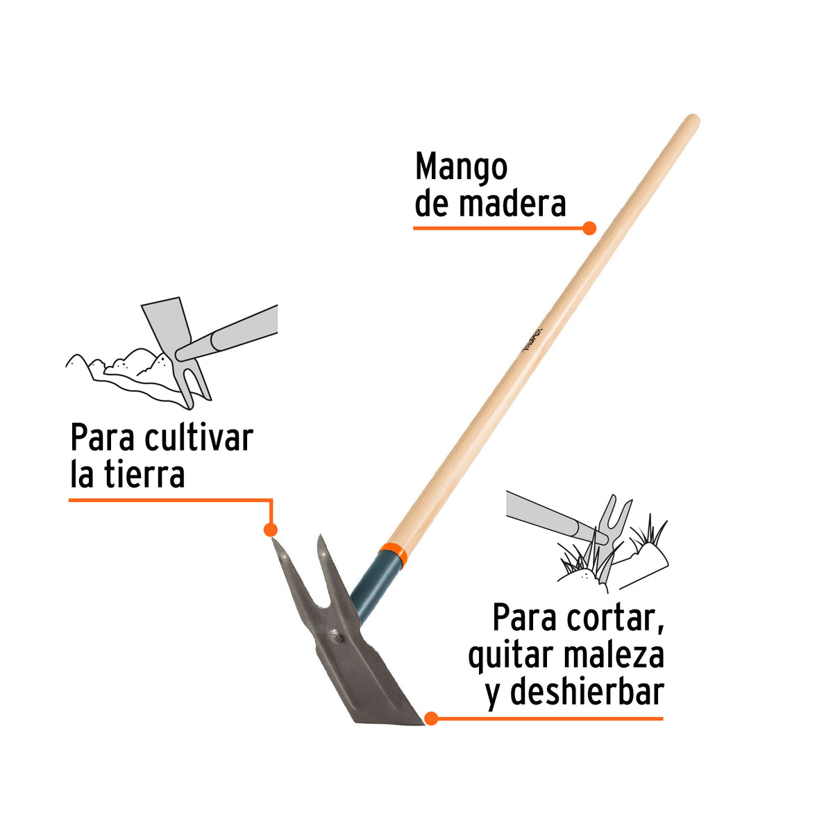 Azadón Dos Cuernos, Mango de Madera 54', Truper