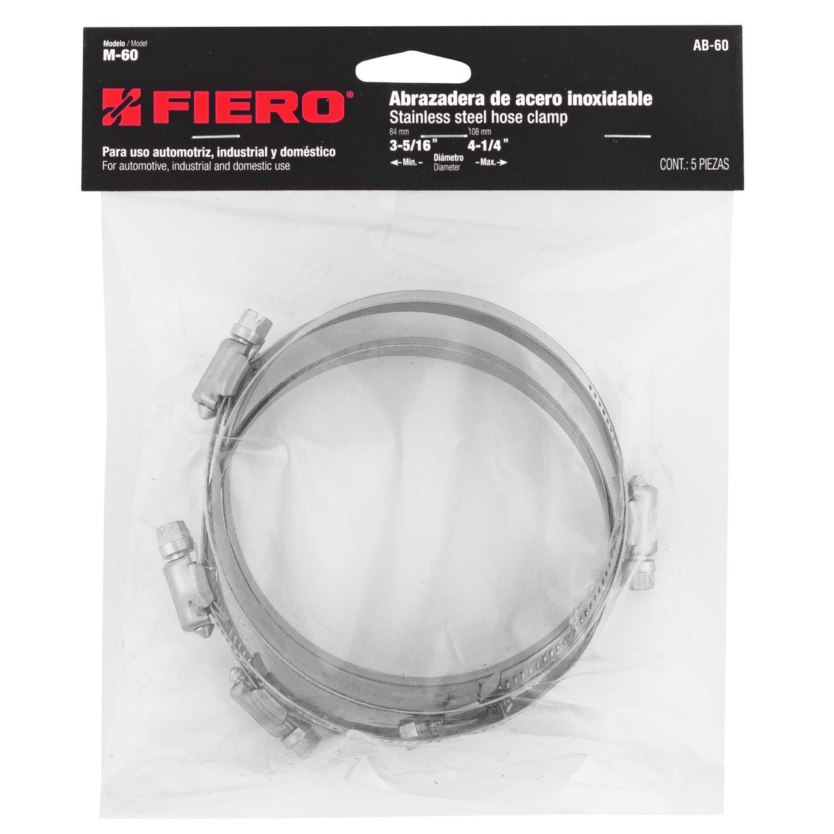 Bolsa con 5 Abrazaderas sin Fin #60, 3-5/16 - 4-1/4', Fiero