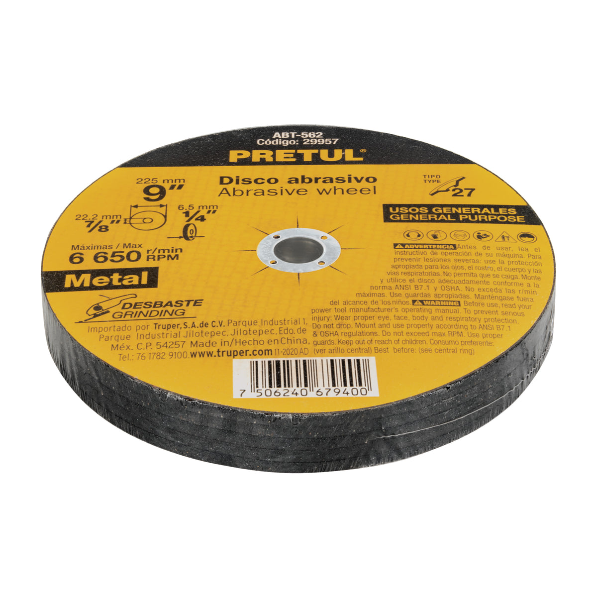 Disco Tipo 27 de 9' X 6.2 mm Desbaste de Metal, Pretul
