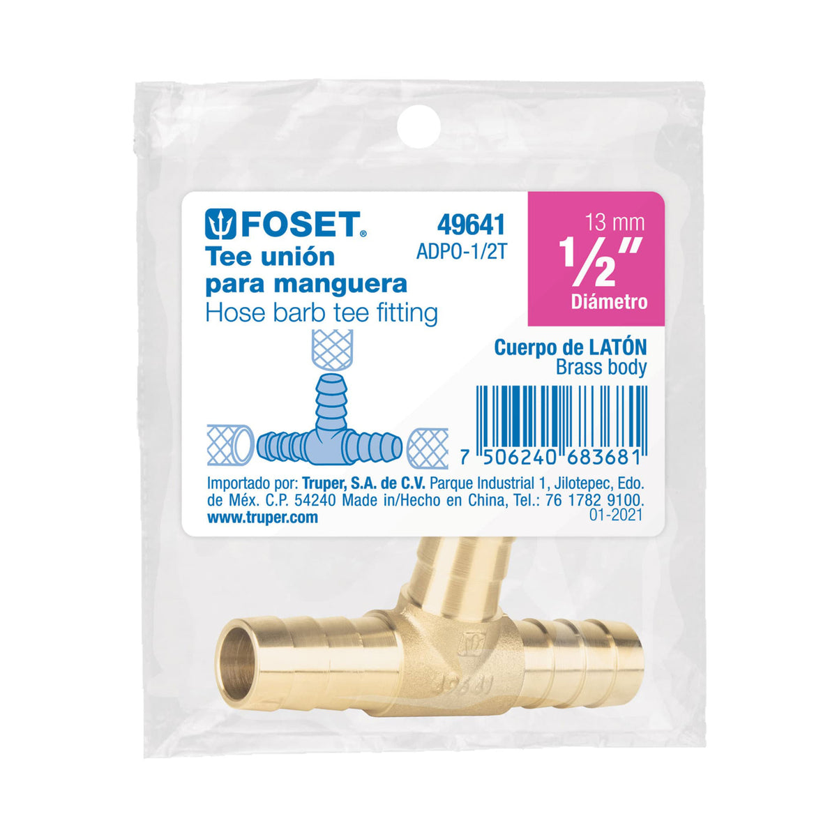 Tee Inserción Macho Latón 1/2' para Poliducto Negro, Foset