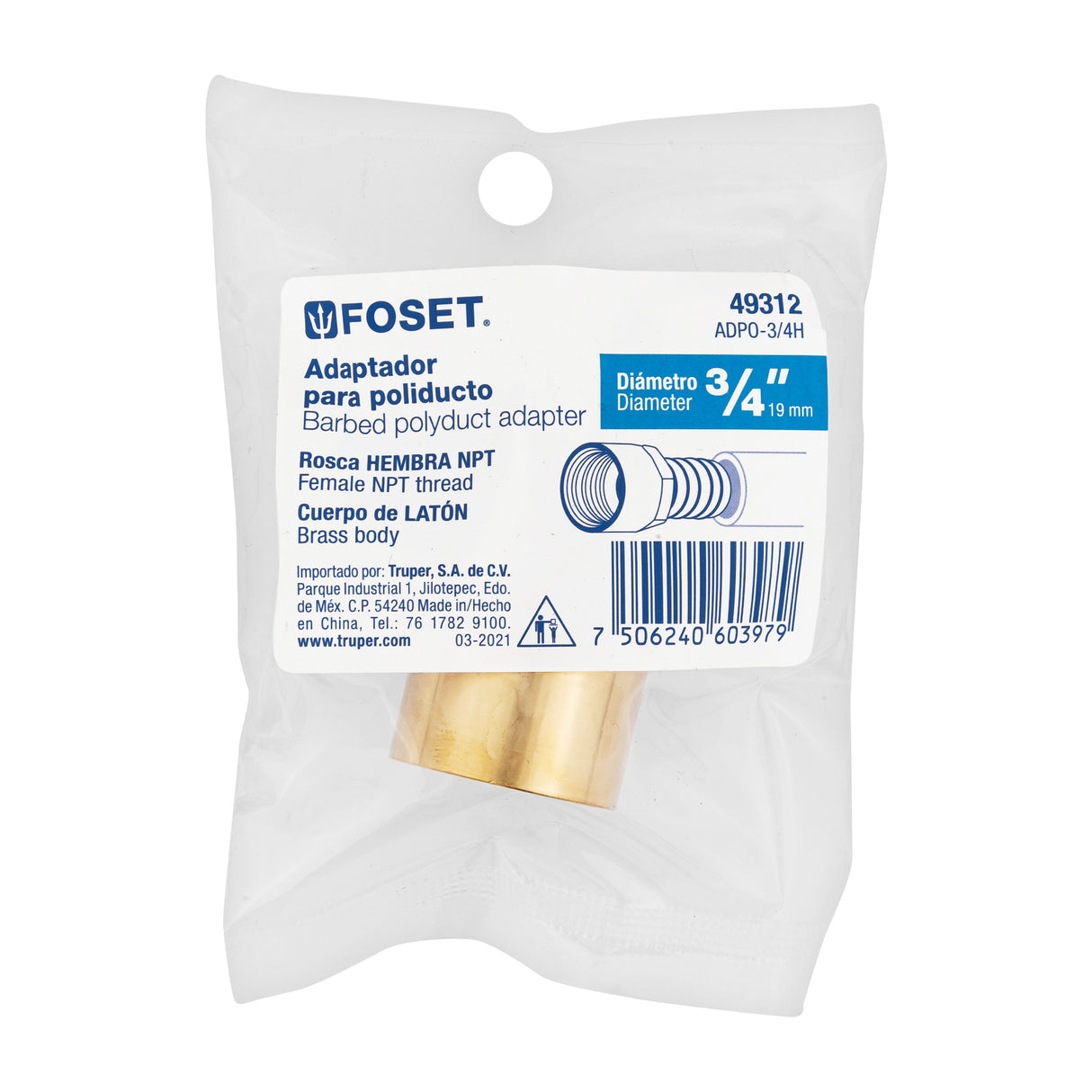 Adaptador Hembra de Latón 3/4' para Poliducto, Foset