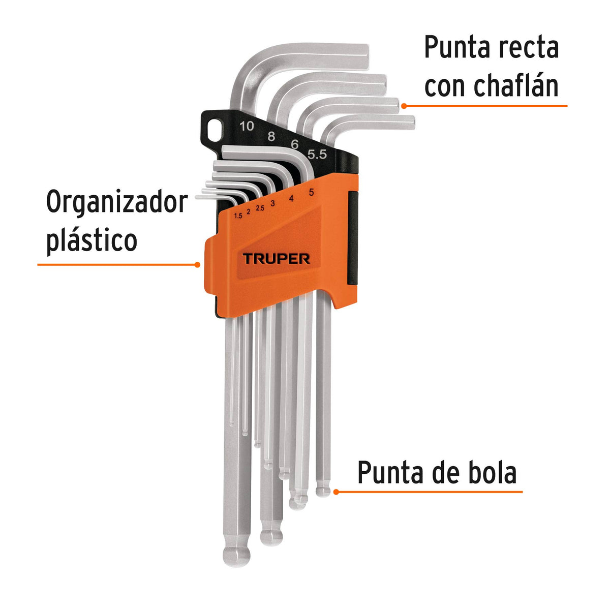 Juego 10 Llaves Allen Largas mm Punta Bola con Organizador