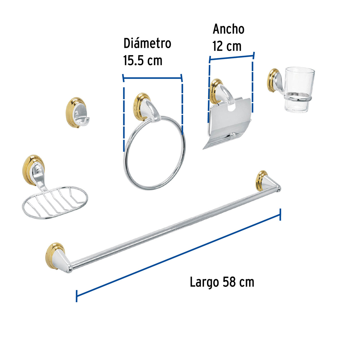 Juego de 6 Accesorios para Baño, Cromo-oro, Foset Aqua
