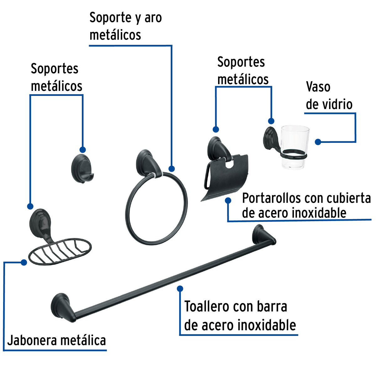 Juego de 6 Accesorios para Baño, Negro, Foset Aqua