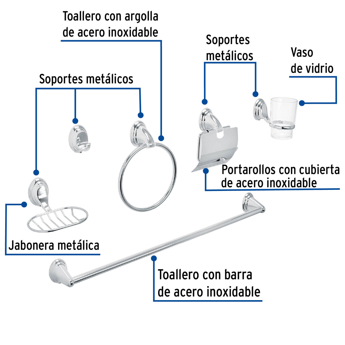 Juego de 6 Accesorios para Baño, Cromo, Foset Aqua