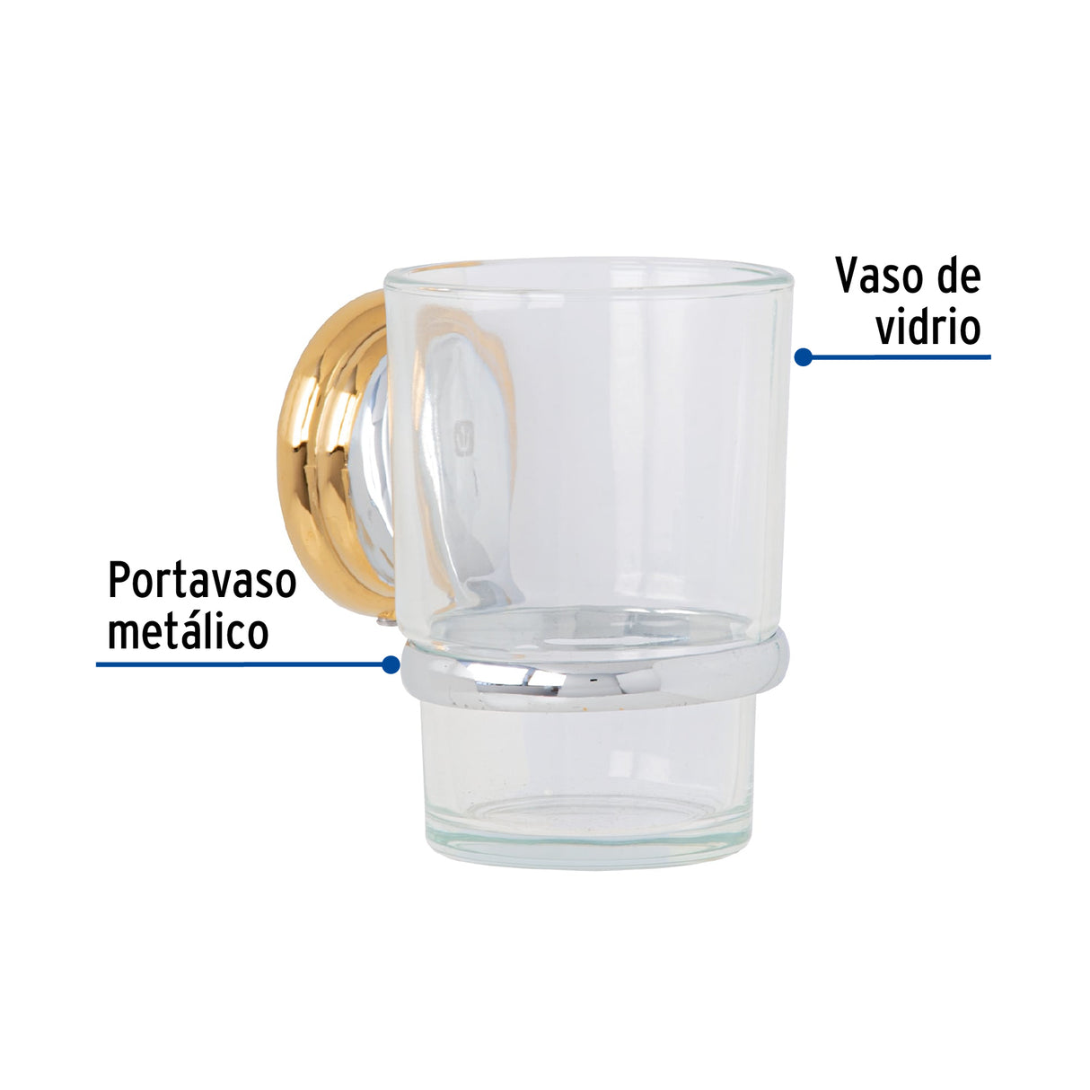 Portavaso Cepillero con Vaso de Vidrio, Cromo-oro, Foset Aqua