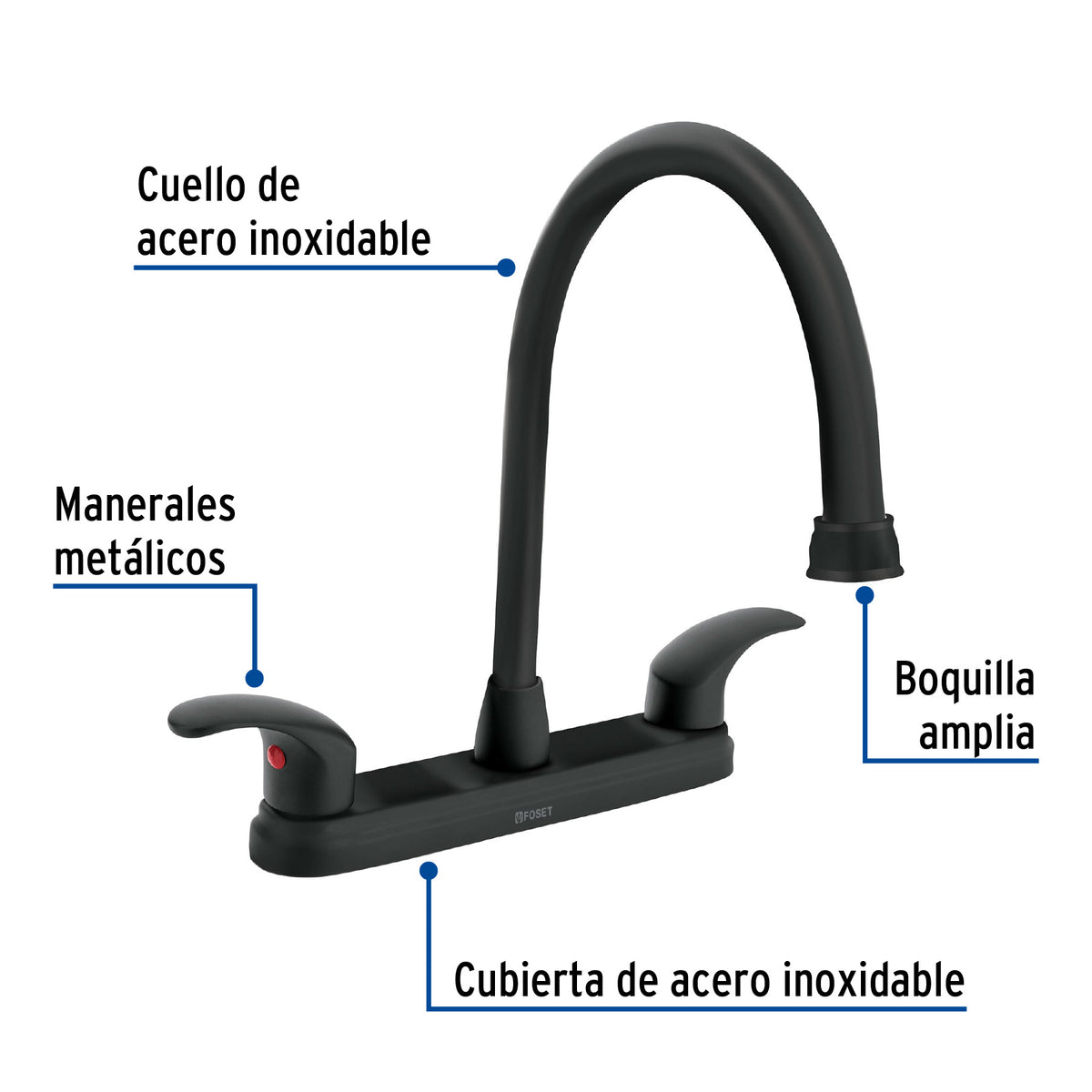 Mezcladora Fregadero 8' Negro, Cuello Largo, Palanca, Aqua