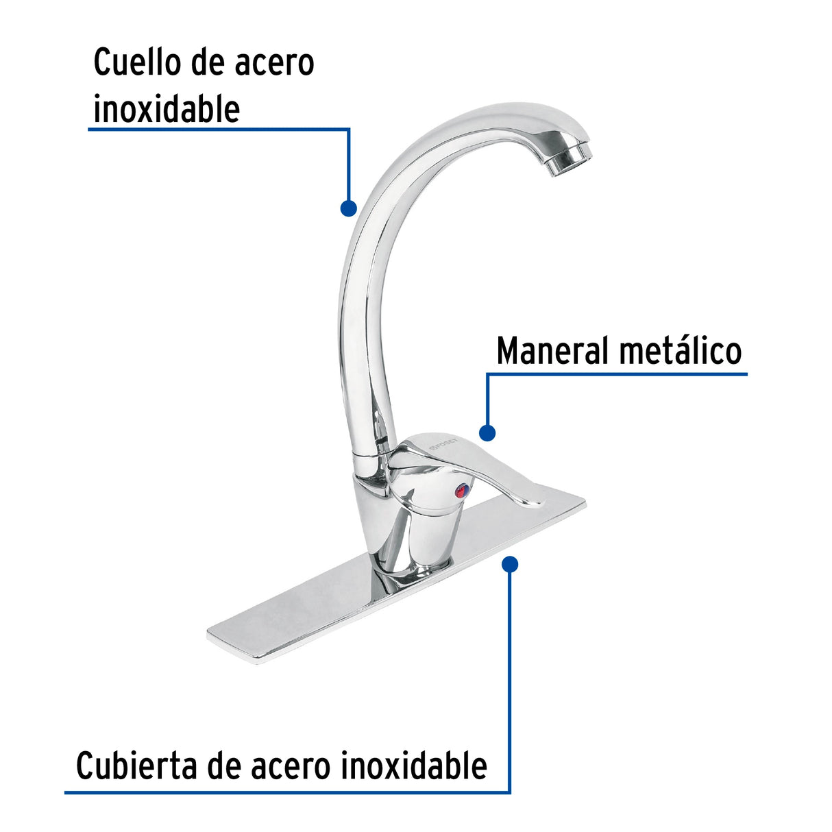 Monomando Fregadero Cromo, Cuello Curvo, Aqua