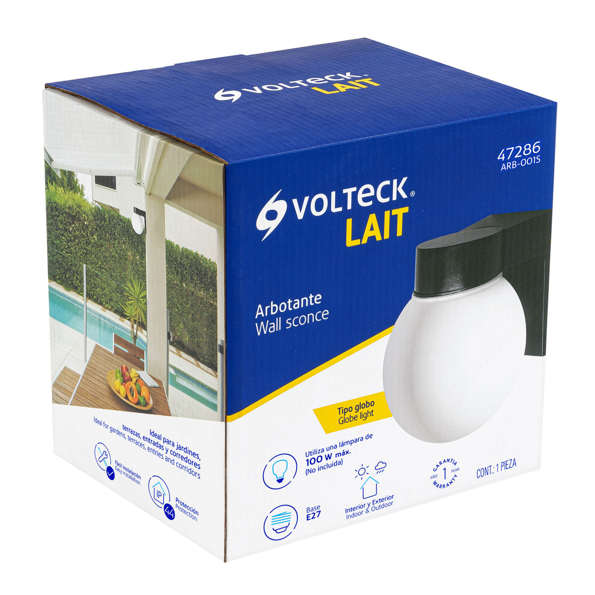 Arbotante de Pared Tipo Globo, Lámpara No Incluida, Volteck
