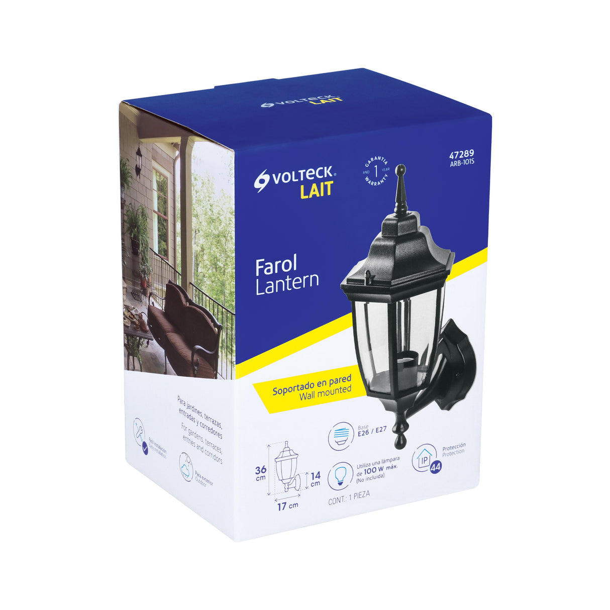 Arbotante Tipo Farol Tradicional Soportado para Exterior, Negro