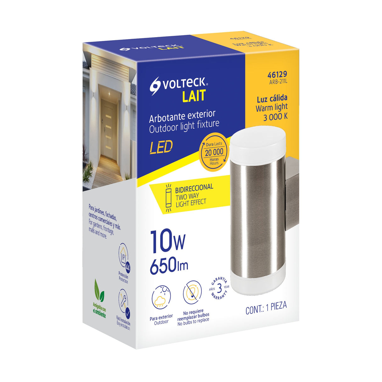 Arbotante LED Exterior 10 W 3000K 2 Spots, 7X17 cm, Volteck