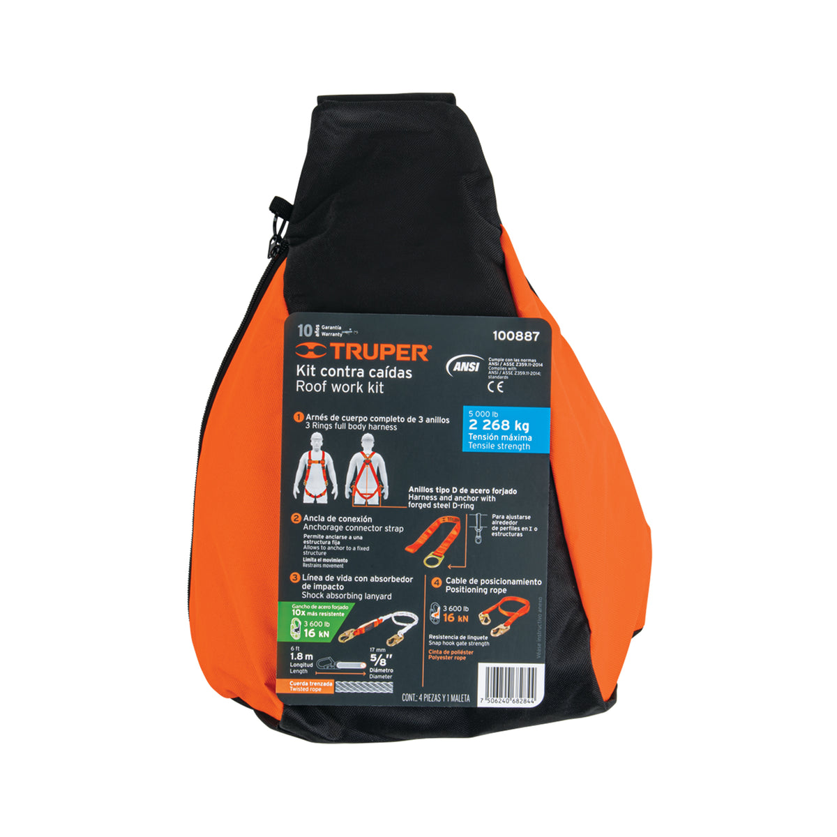 Kit Contra Caídas con Arnés de Tres Anillos, Ansi, Truper