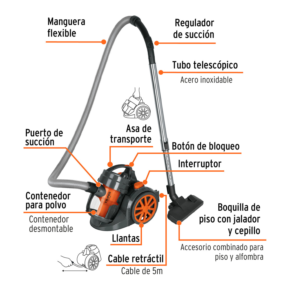 Aspiradora Canister 2 L (0.5 Gal), 1, 200 W (1.6 HP), Truper