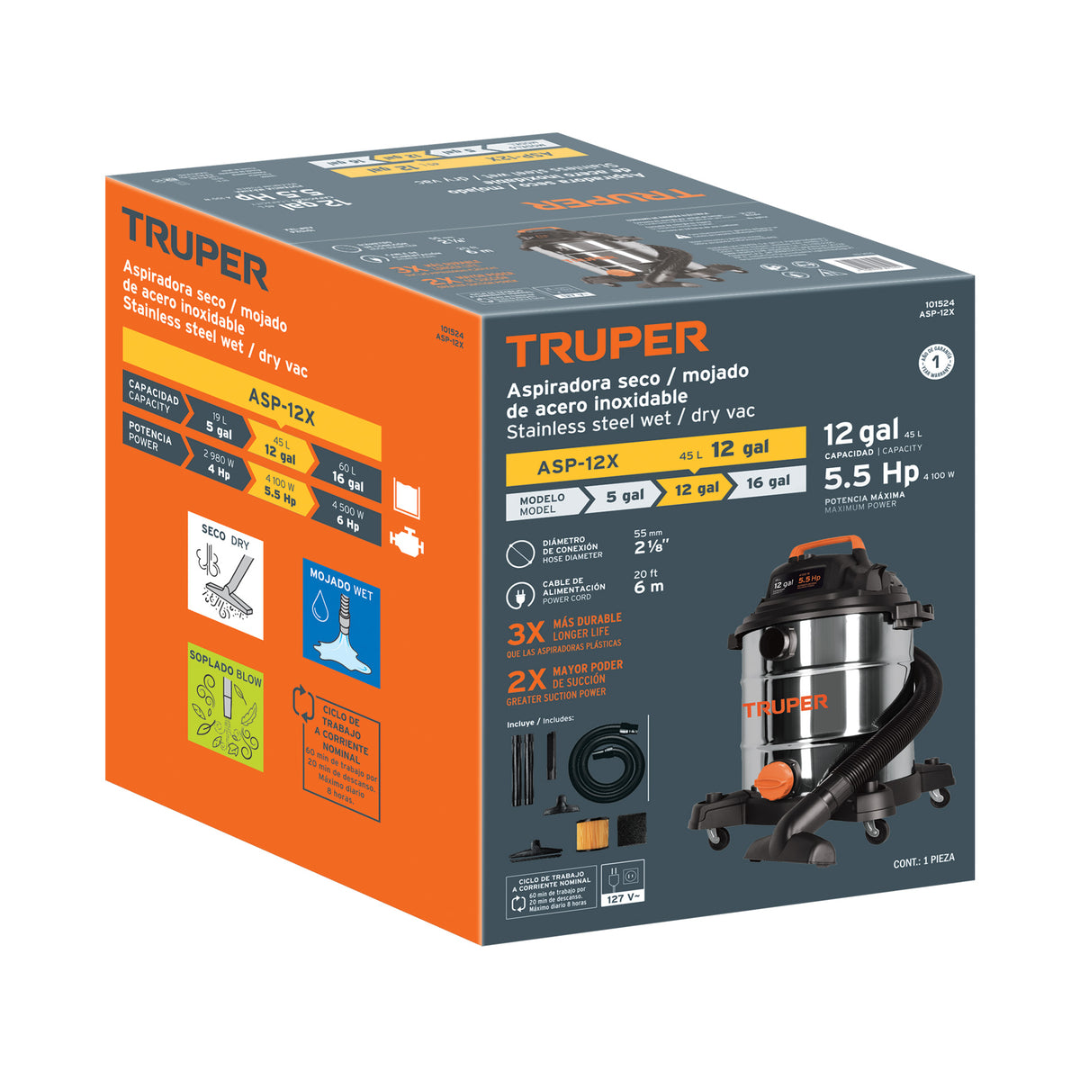 Aspiradora de Sólidos y Líquidos, 12 Gal, Acero Inox, Truper