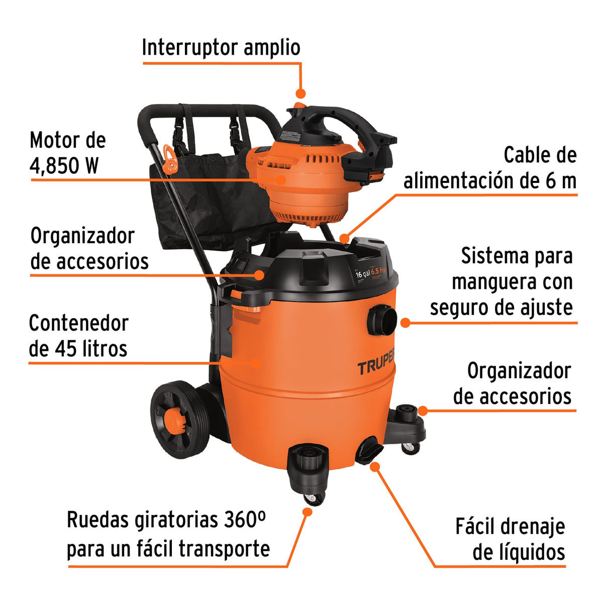 Aspiradora Sólidos y Líquidos, 16 Gal, Soplador Desmontable