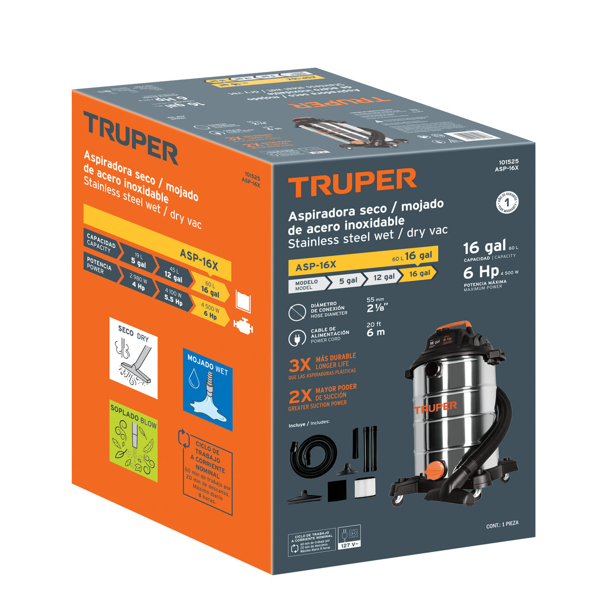 Aspiradora de Sólidos y Líquidos, 16 Gal, Acero Inox, Truper