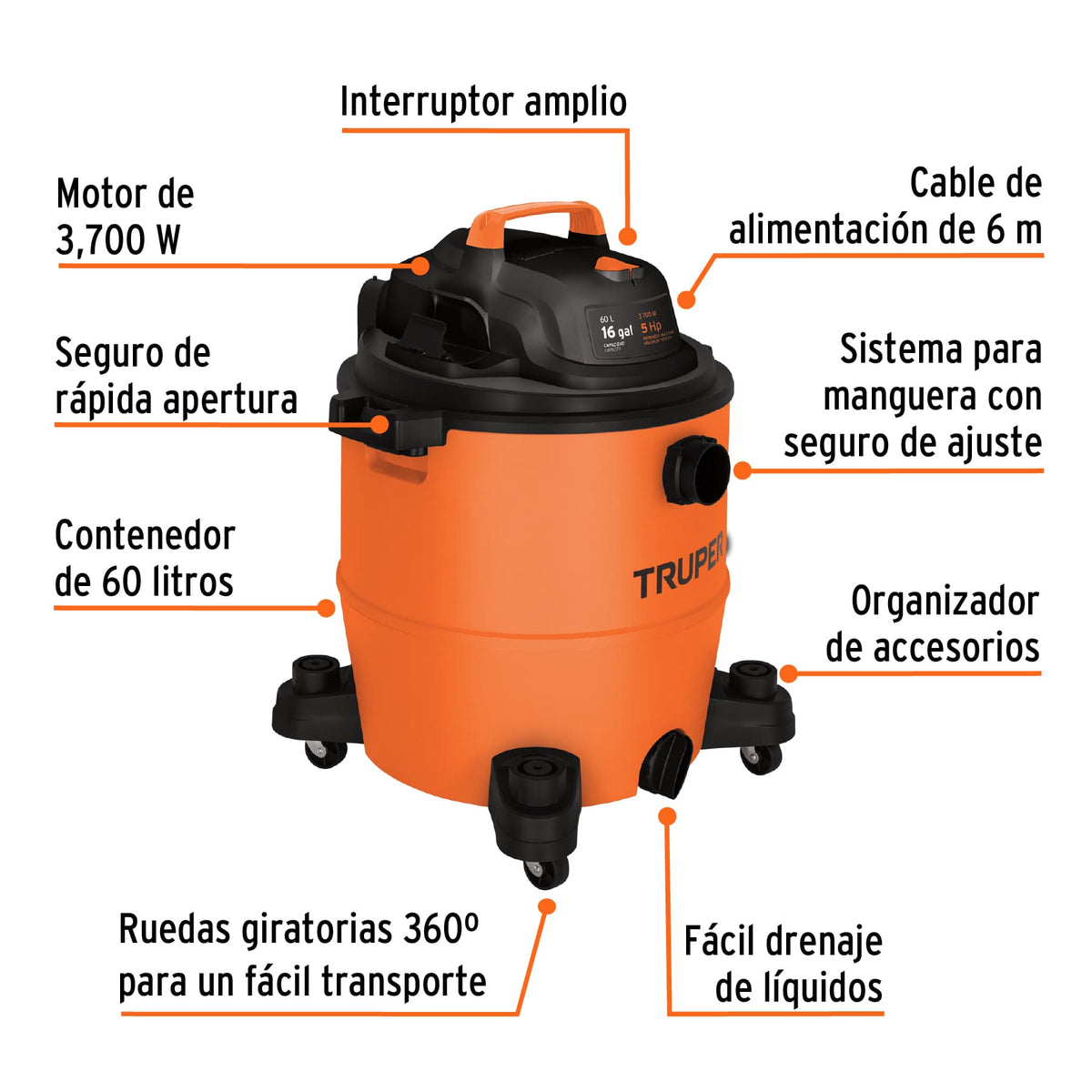 Aspiradora de Sólidos y Líquidos, 16 Gal, Plástica, Truper