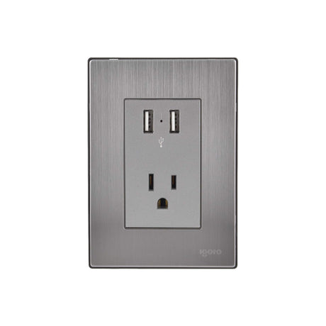 Igoto placa armada inox con 2 mecanismos de toma USB, de 2.1 amp. y 1 contacto de 1 mã“dulo. plata