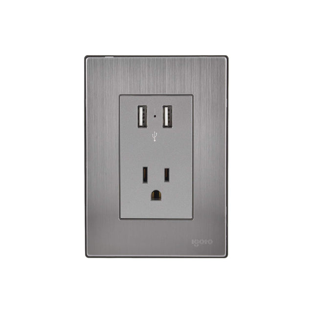 Igoto placa armada inox con 2 mecanismos de toma USB, de 2.1 amp. y 1 contacto de 1 mã“dulo. plata