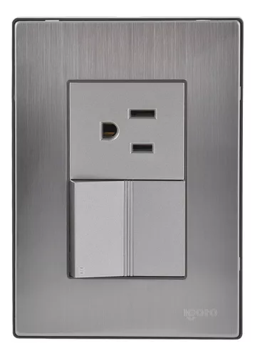 Igoto placa armada inox con 1 apagador escalera y 1 contacto de 1.5 modulos. plata