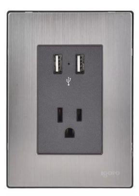 Igoto placa armada inox con 2 mecanismos de toma USB, de 2.1 amp. y 1 contacto de 1 mã“dulo. oxford