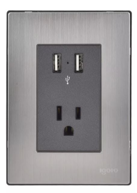 Igoto placa armada inox con 2 mecanismos de toma USB, de 2.1 amp. y 1 contacto de 1 mã“dulo. oxford