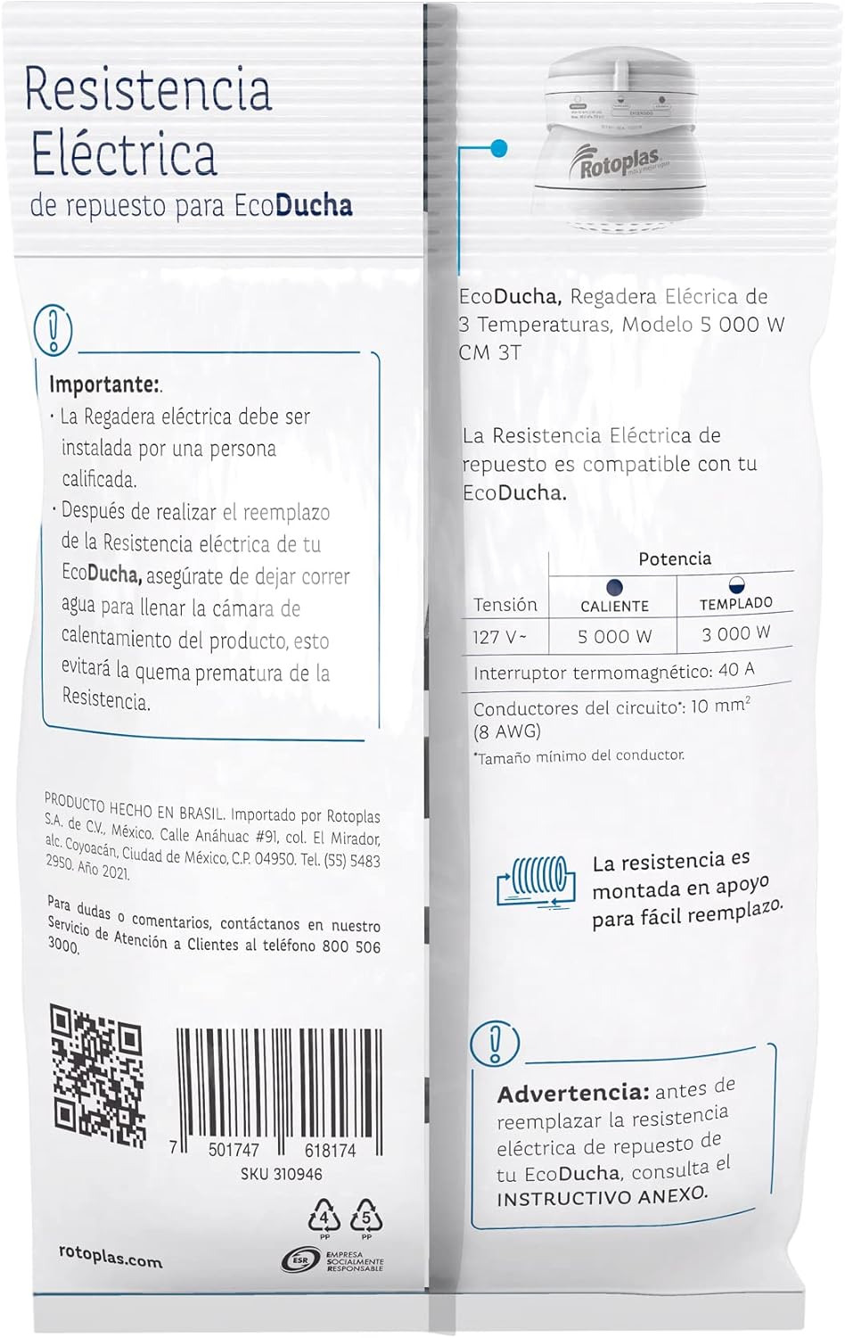 Rotoplas resistencia electrica de repuesto para ecoducha 5000 W cm 3T - imagen 4