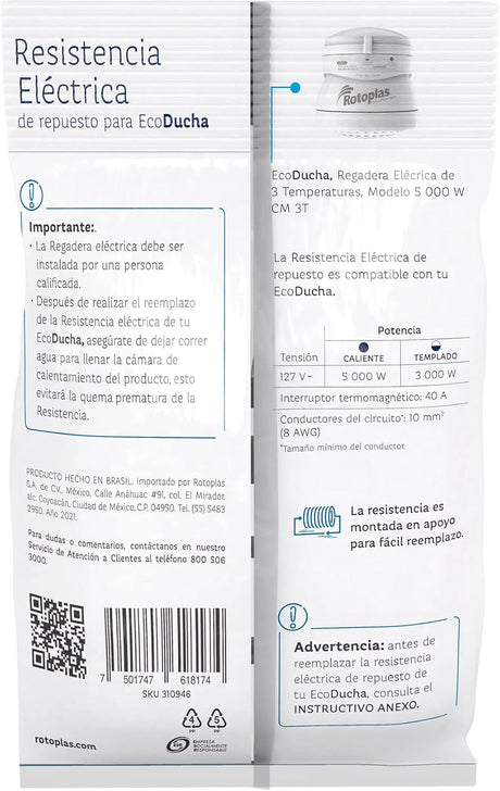 Rotoplas resistencia electrica de repuesto para ecoducha 5000 W cm 3T - imagen 4