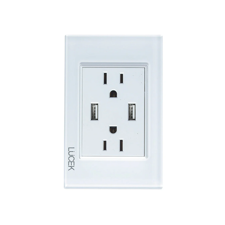 Placa Lucek Cristal blanca con 2 contactos y 2 puertos USB