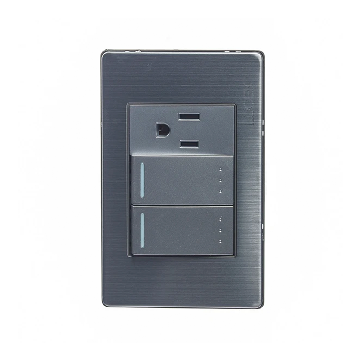 Placa metálica Lucek plateada con 2 interruptores de escalera y 1 contacto de 1 módulo