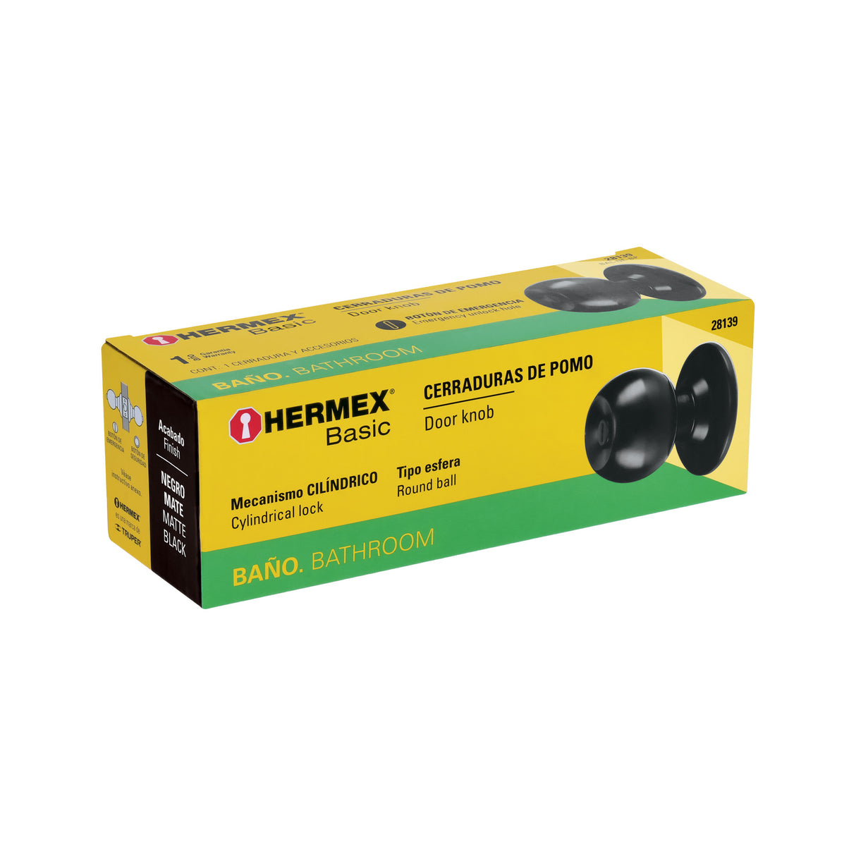 Cerradura Tipo Esfera, Cilíndrico, Baño, Negro, Basic
