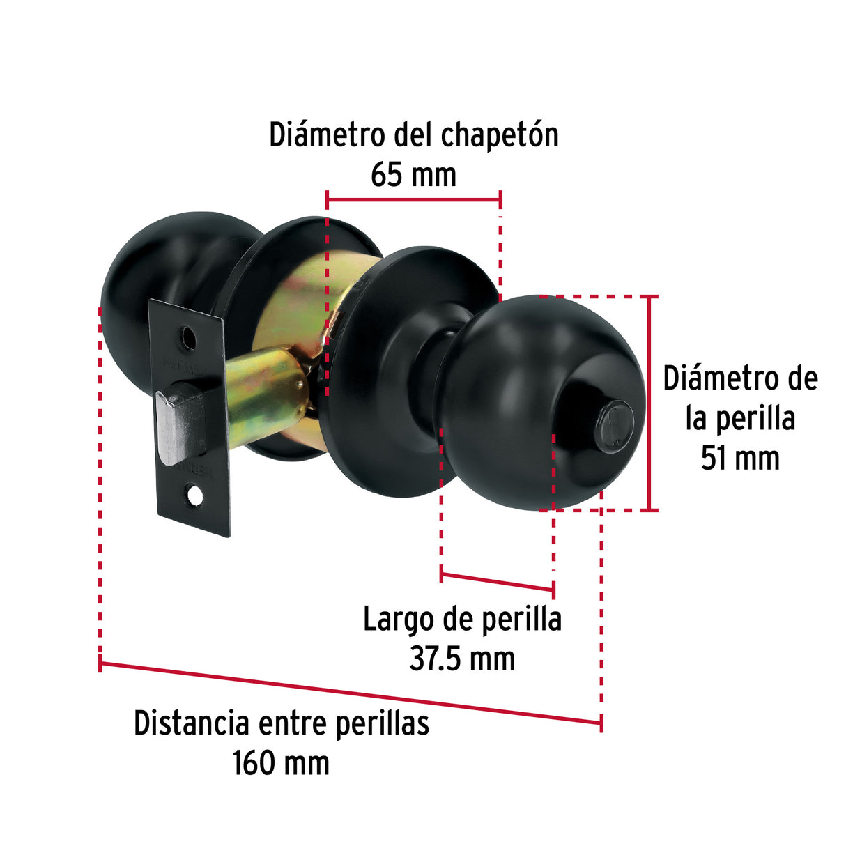 Cerradura Tipo Esfera, Cilíndrico, Baño, Negro, Basic