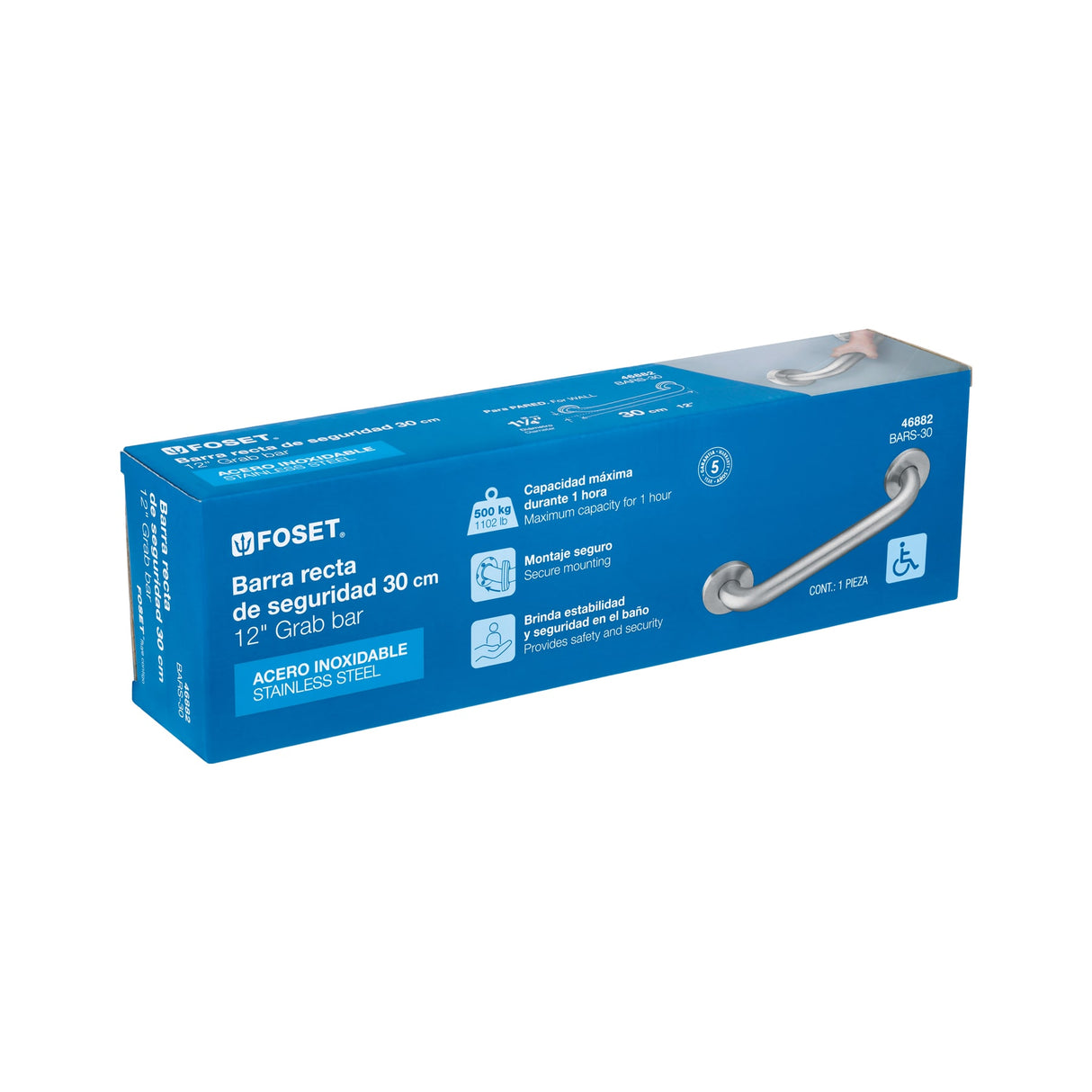 Barra Recta de Seguridad, Acero Inoxidable, 30 cm, Foset