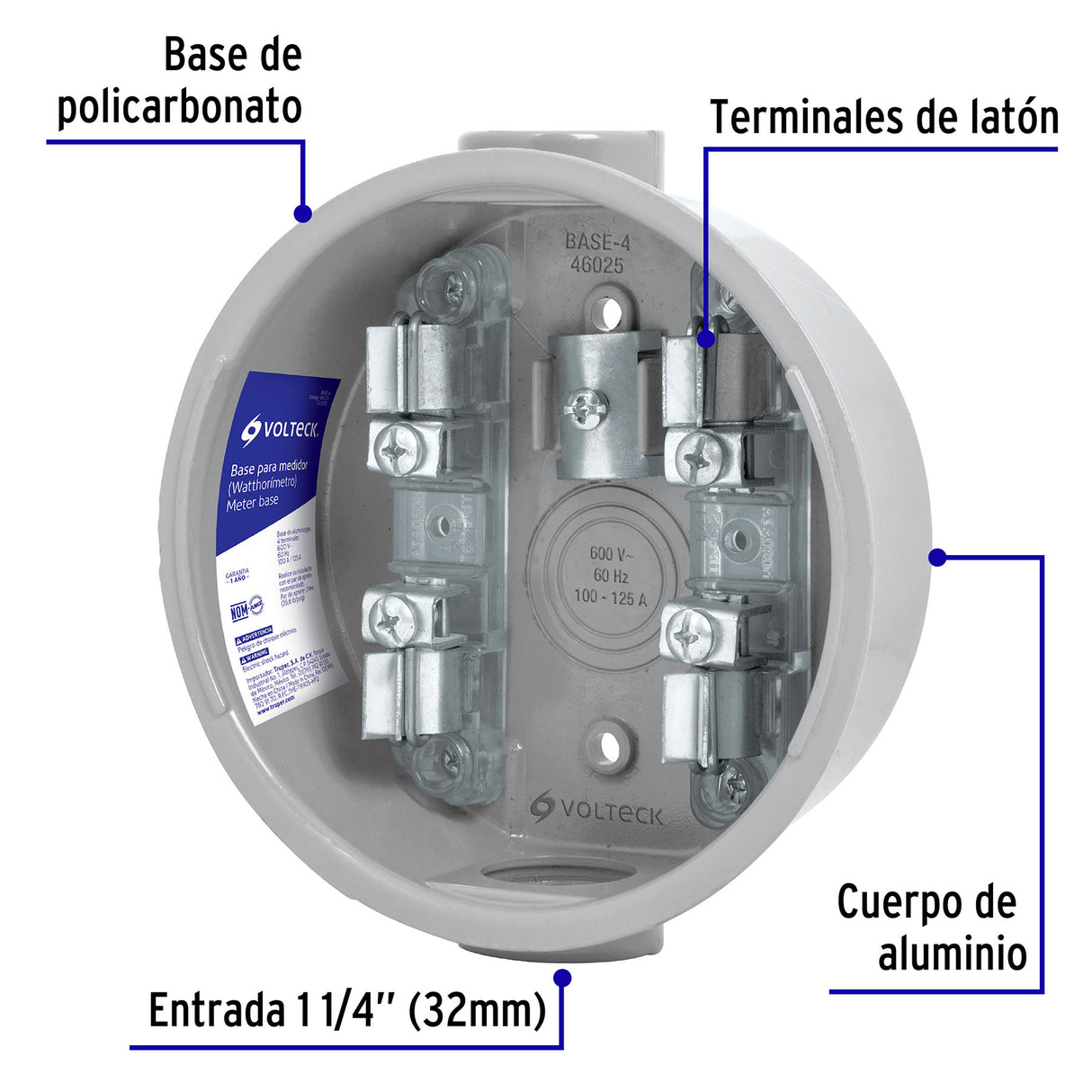 Base para Watthorímetro, 4 Terminales, Volteck