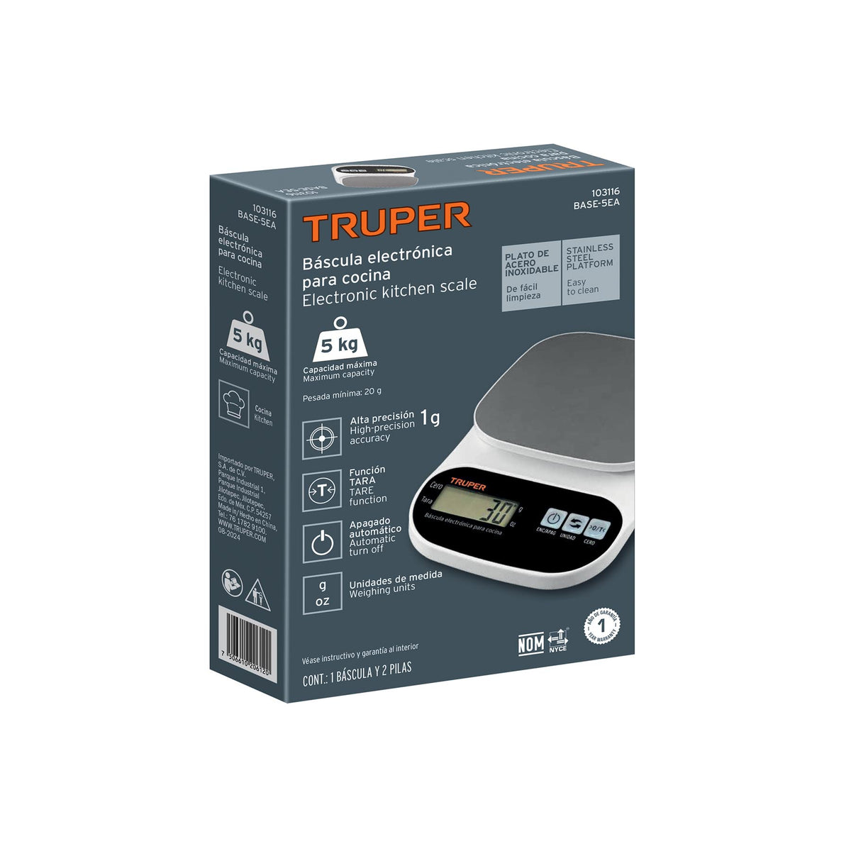 Báscula Digital para Cocina, Plato de Acero Inox, 5 kg, Truper