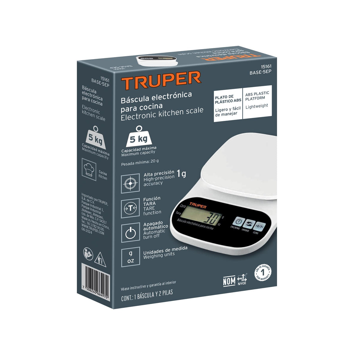 Báscula Digital para Cocina, Plato de ABS, 5 kg, Truper