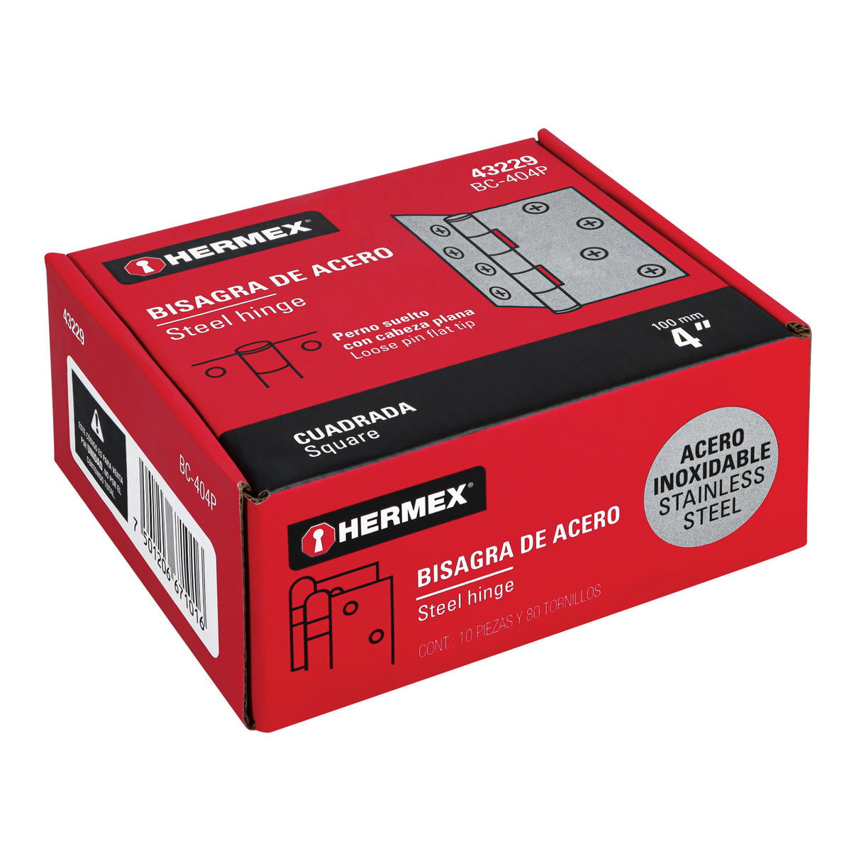 Bisagra Cuadrada 4' Acero Inox, Cabeza Plana, Hermex