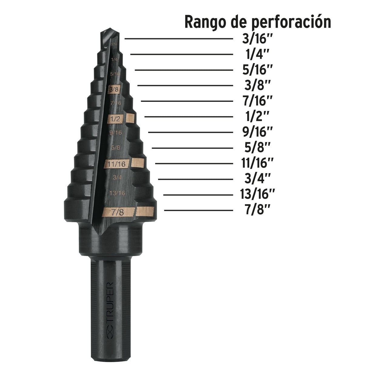 Broca Escalonada Óxido Negro 12ESCALONES 3/16' a 7/8', Truper