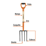 Bieldo para Jardín, 4 Dientes Cuadrados, Mango 29', Puño 'y'