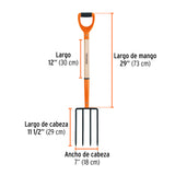 Bieldo para Jardín, 4 Dientes Cuadrados, Mango 29', Puño 'y'