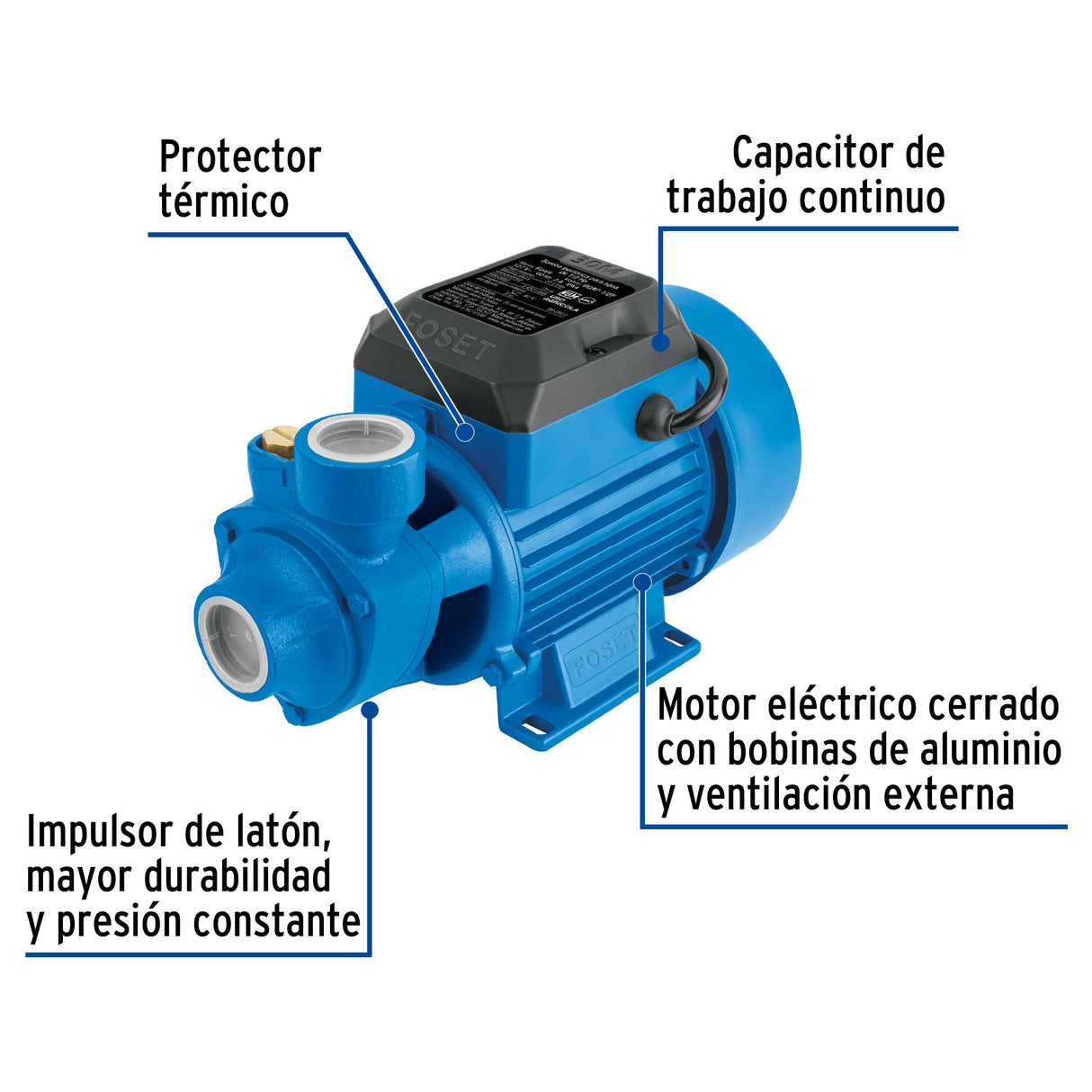 Bomba Periférica 1/2 HP, Altura Máx 30M, Uso Agrícola, Foset