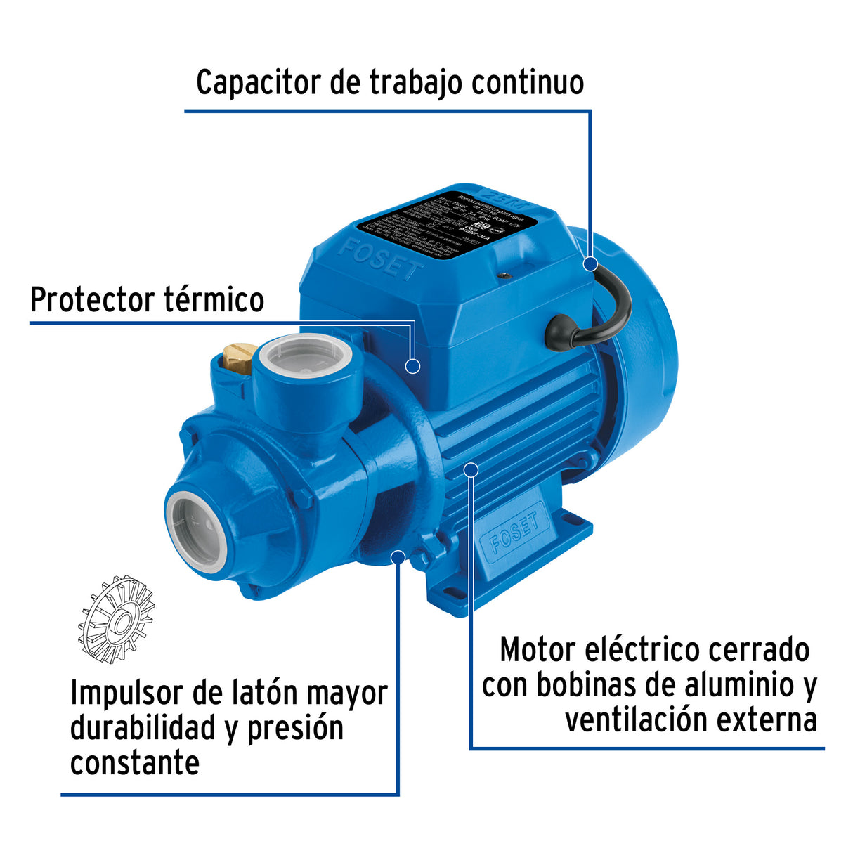 Bomba Periférica 1/2 HP, Altura Máx 25M, Uso Agrícola, Foset