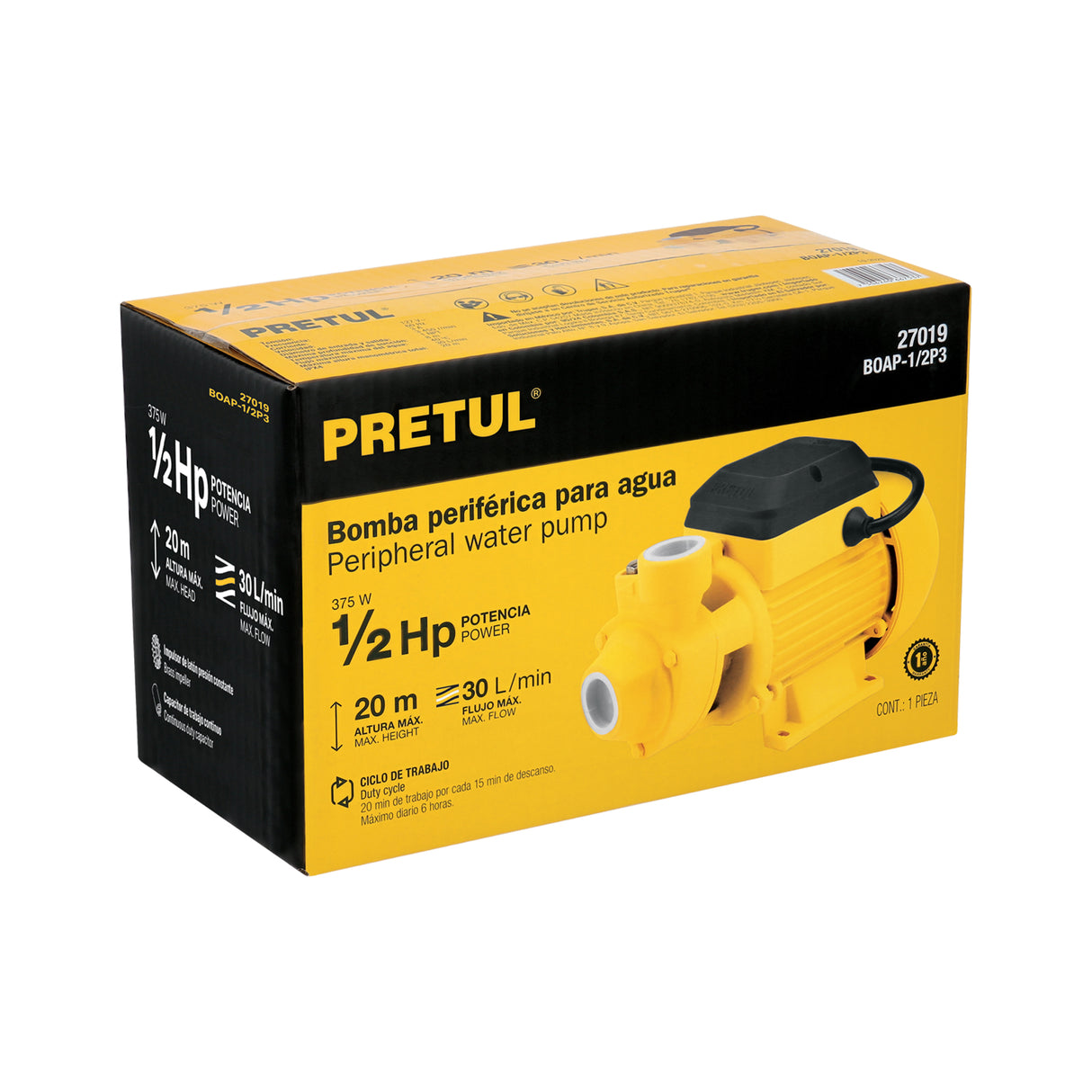 Bomba Periférica 1/2 HP, Altura Máx 20M, Uso Agrícola, Pretul